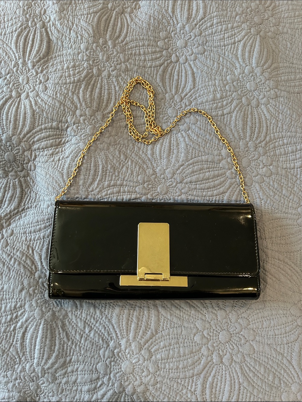Aldo Black Patent Chain Clutch with Gold Hardware